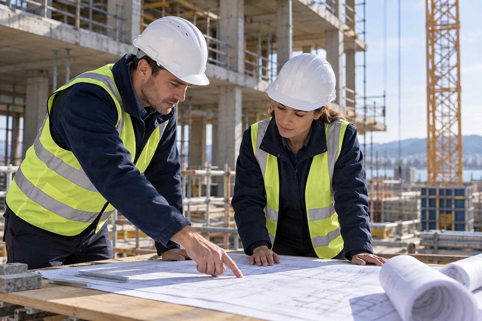 Illustrative construction coordinators reviewing drawings at a building site
