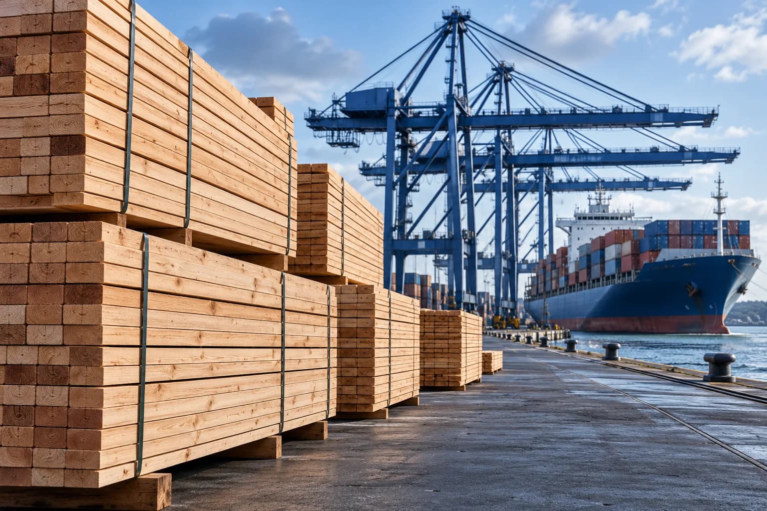Illustrative stacked timber at a shipping port